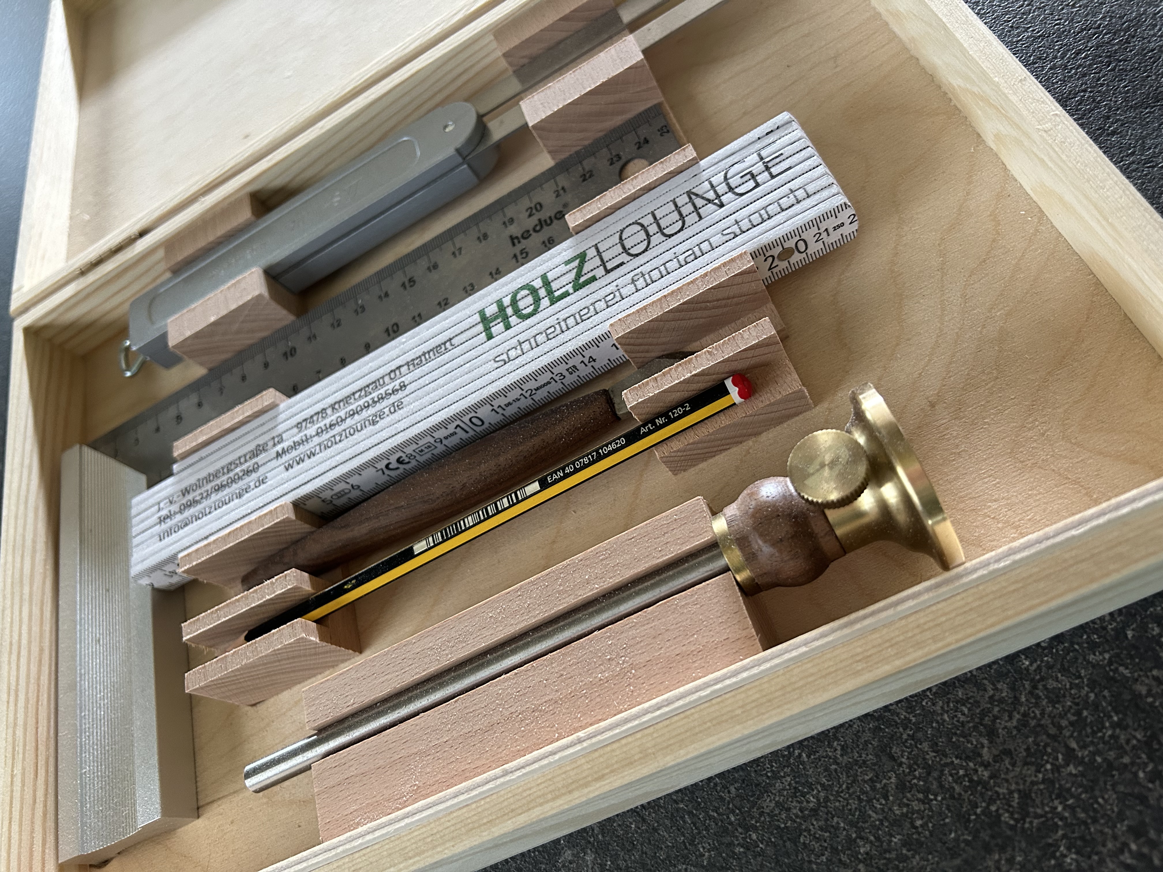 HOLZLOUNGE Mess- und Anreiß-Set, Holzbox, 6-teilig